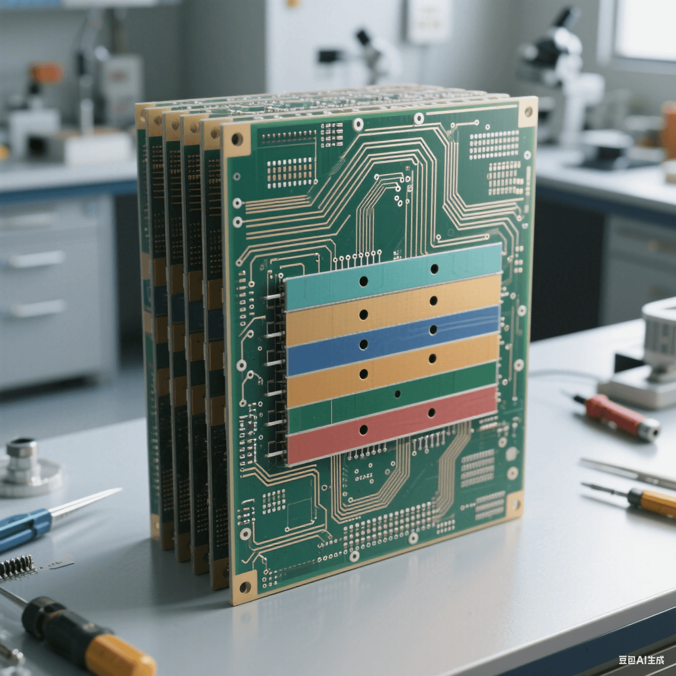 IC 封裝基板多層結(jié)構(gòu)示意圖，展示 3μm 線寬的線路層與絕緣層交替排列，微孔垂直互連設(shè)計(jì)，背景為實(shí)驗(yàn)室操作臺面。