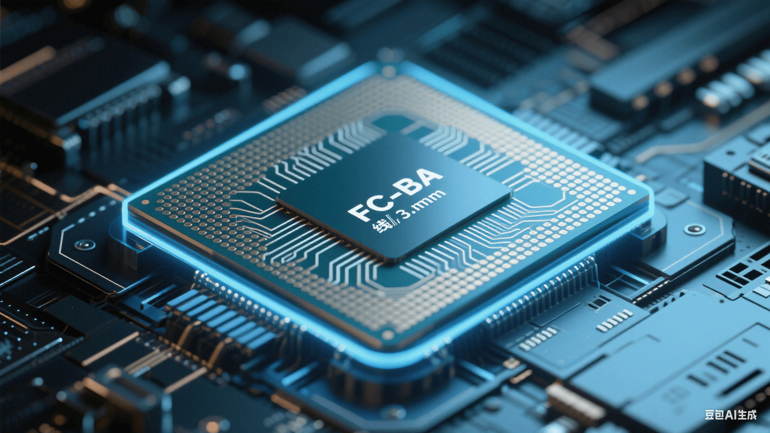 類載板（SLP）高密度互連示意圖，展示 3μm 線寬布線與 FC-BGA 封裝結(jié)構(gòu)，支持 HBM 芯片堆疊集成