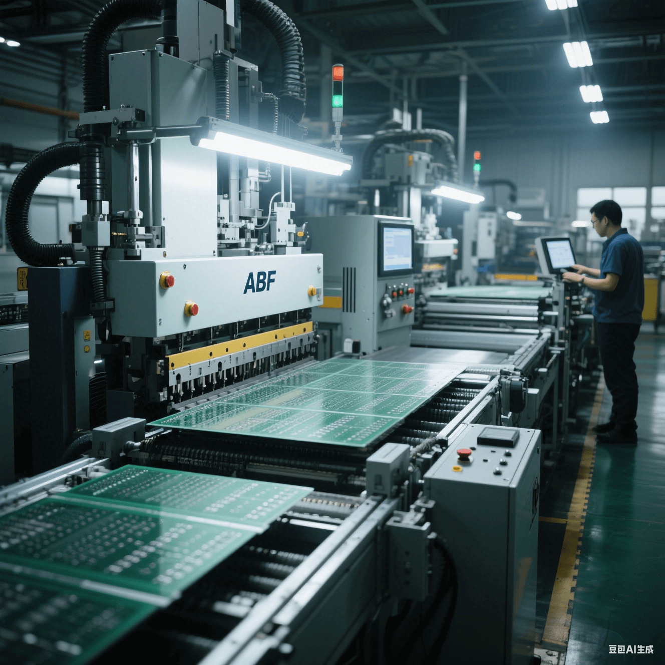 ABF 載板量產(chǎn)流水線實(shí)拍，呈現(xiàn) mSAP 工藝壓合與激光鉆孔工序，工人監(jiān)控設(shè)備運(yùn)行，體現(xiàn)高多層基板制造流程。