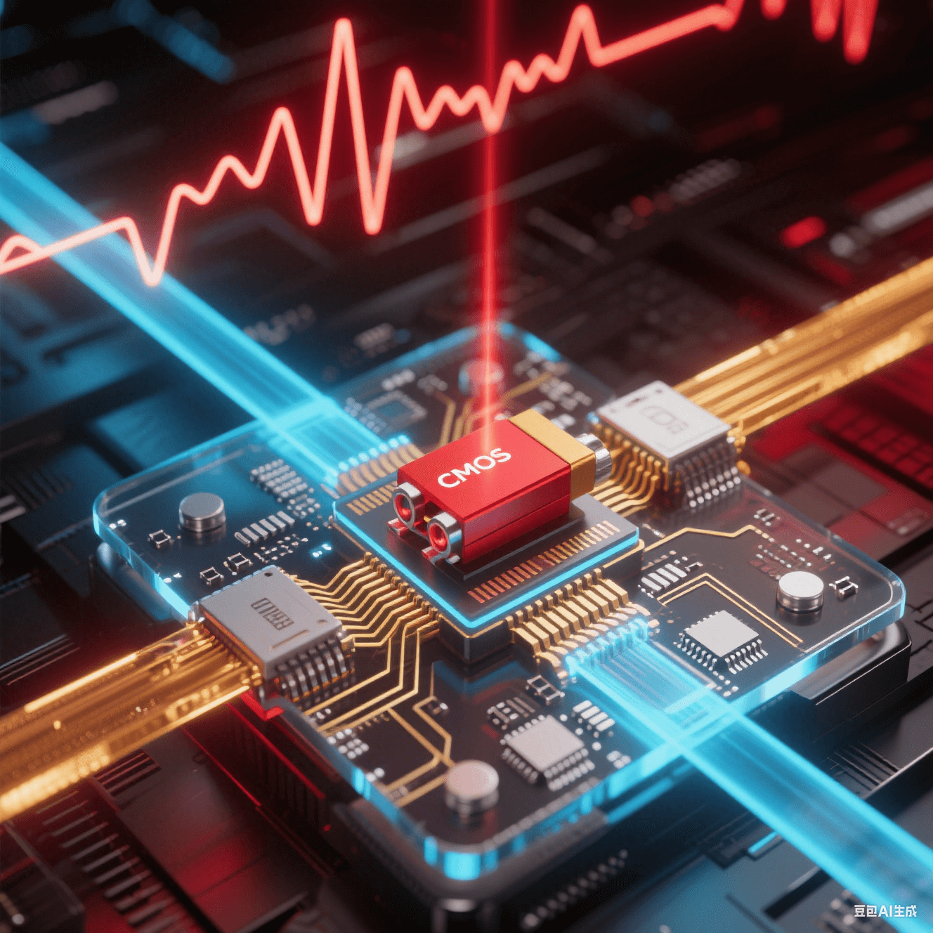 透明基板內(nèi)部：激光器（紅光）與 CMOS 電路（金線）通過硅光波導(dǎo)（藍(lán)光）互連