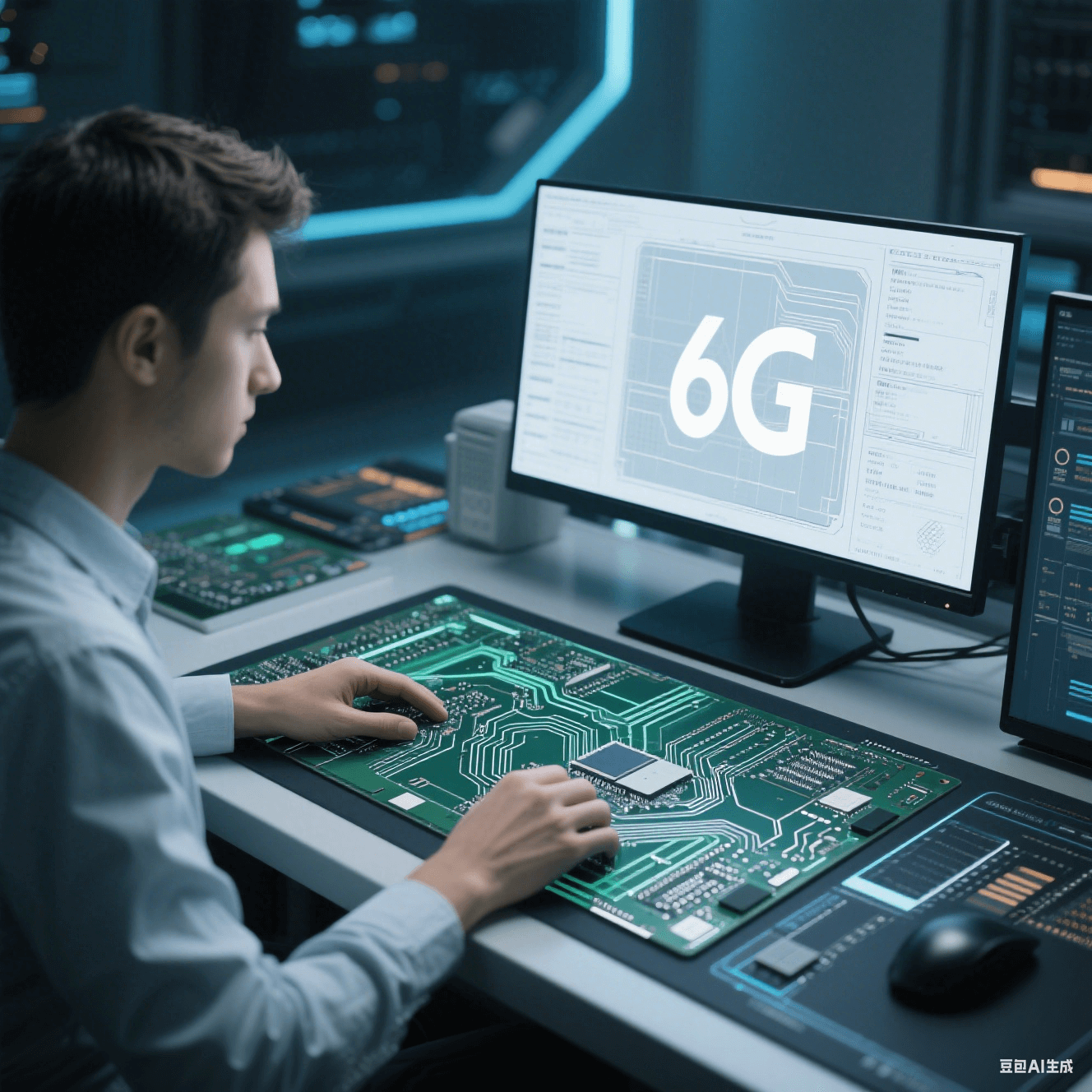 設(shè)計師使用碳?xì)錁渲透男跃郾矫训鹊蛽p耗基材進(jìn)行 6G 通信高速電路板設(shè)計，在電腦前進(jìn)行線路布局