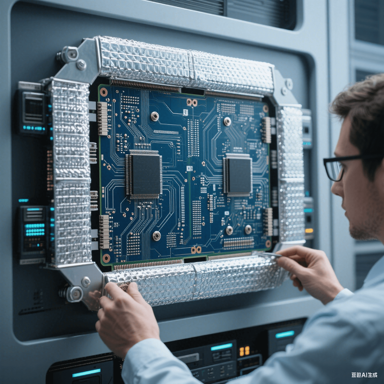 子計算高速電路板運用雙屏蔽層設計優(yōu)化信號完整性，工程師檢查屏蔽層安裝情況