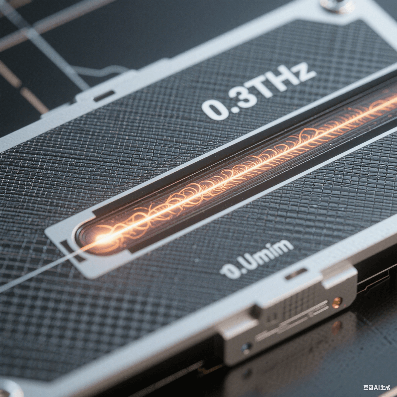 納米級(jí)太赫茲波導(dǎo)：石墨烯基板刻蝕1μm導(dǎo)波槽，電磁粒子流沿槽道傳輸，背景頻率標(biāo)注0.3THz