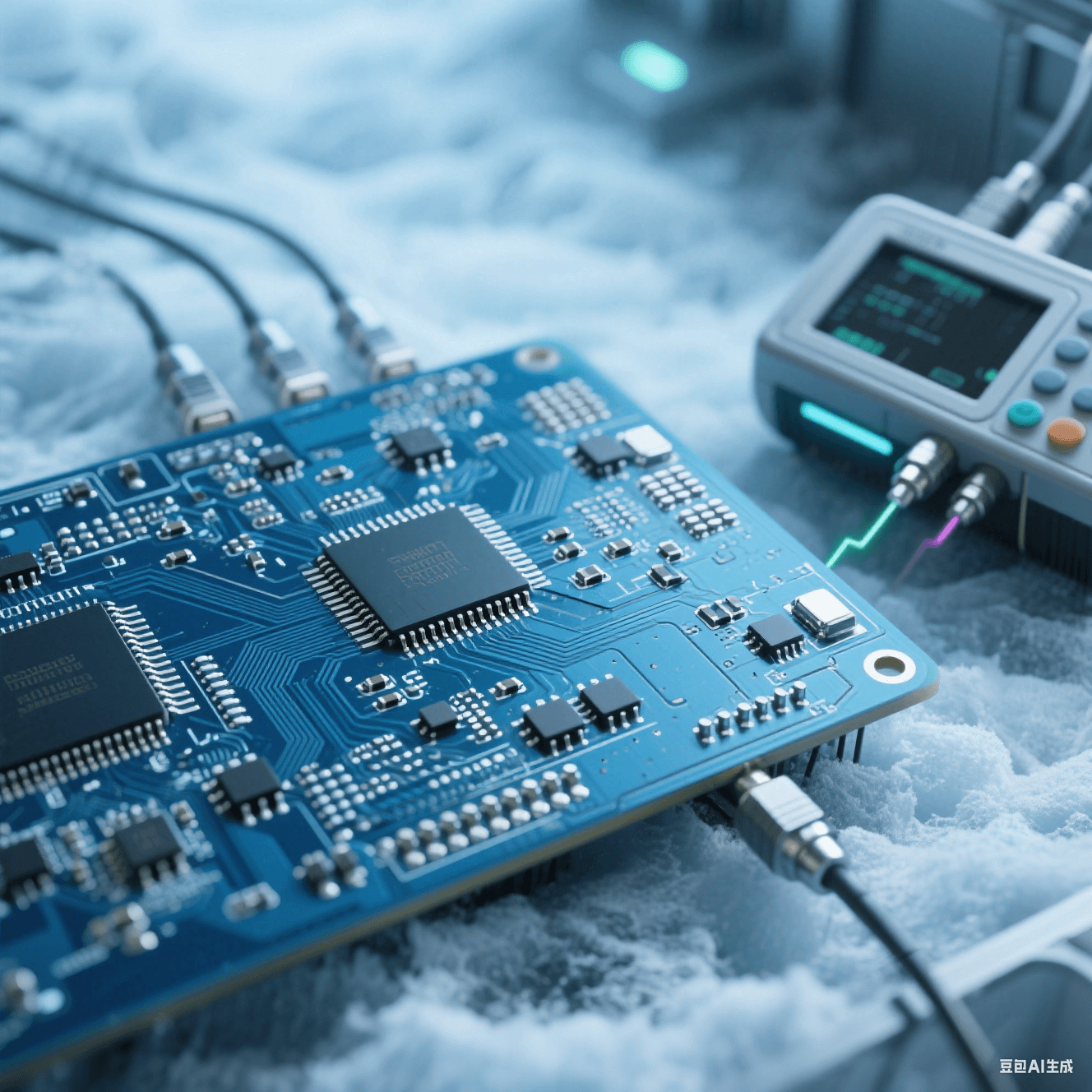 量子計算高速電路板在低溫測試環(huán)境，銦基焊料使焊點保持良好連接，旁邊儀器檢測信號完整性