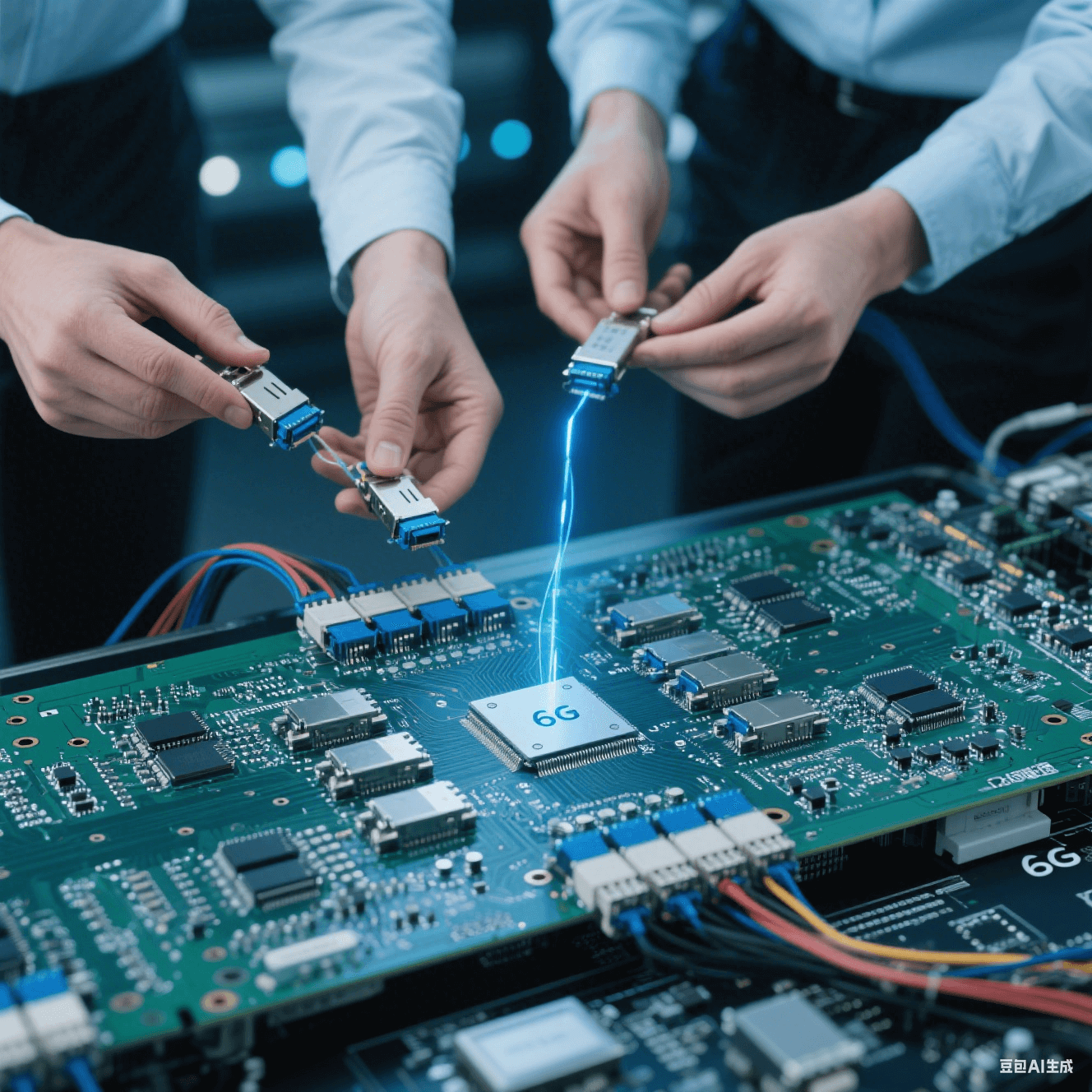 6G 通信高速電路板與硅光模塊互連，技術(shù)人員檢查連接情況和信號傳輸效果。