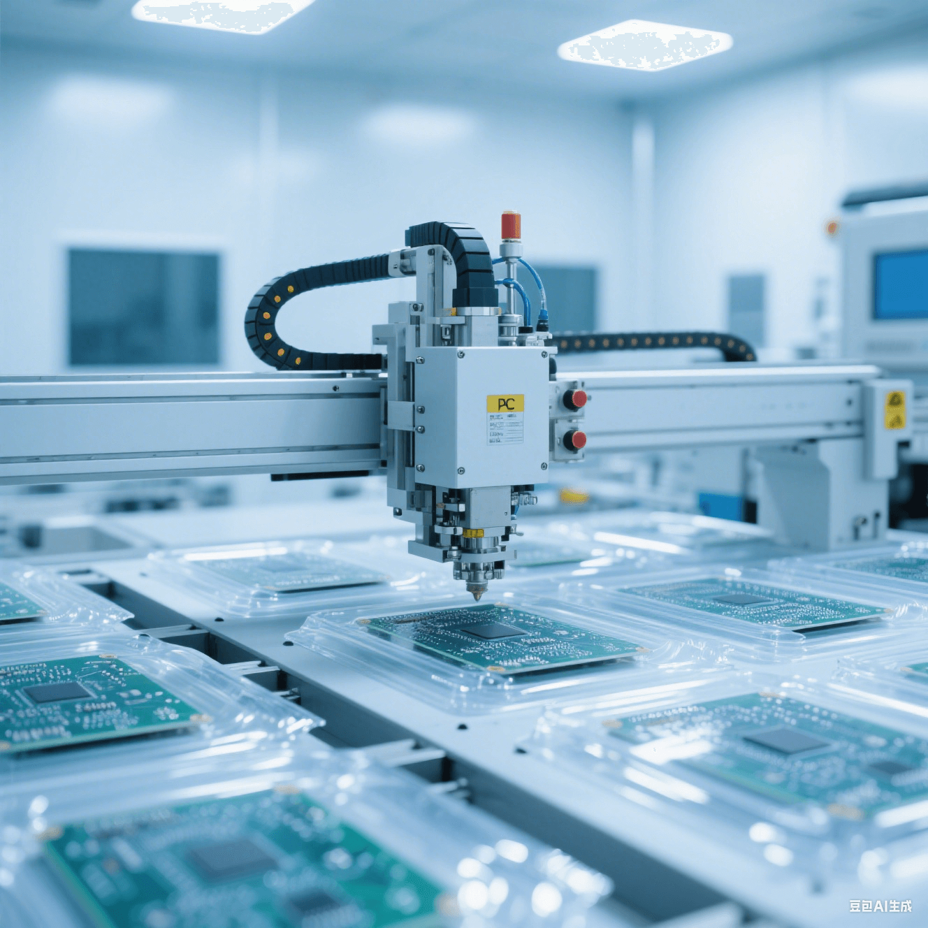 潔凈封裝車間內(nèi)自動封裝設(shè)備對 PCB 板進(jìn)行封裝，透明封裝材料在燈光下反光