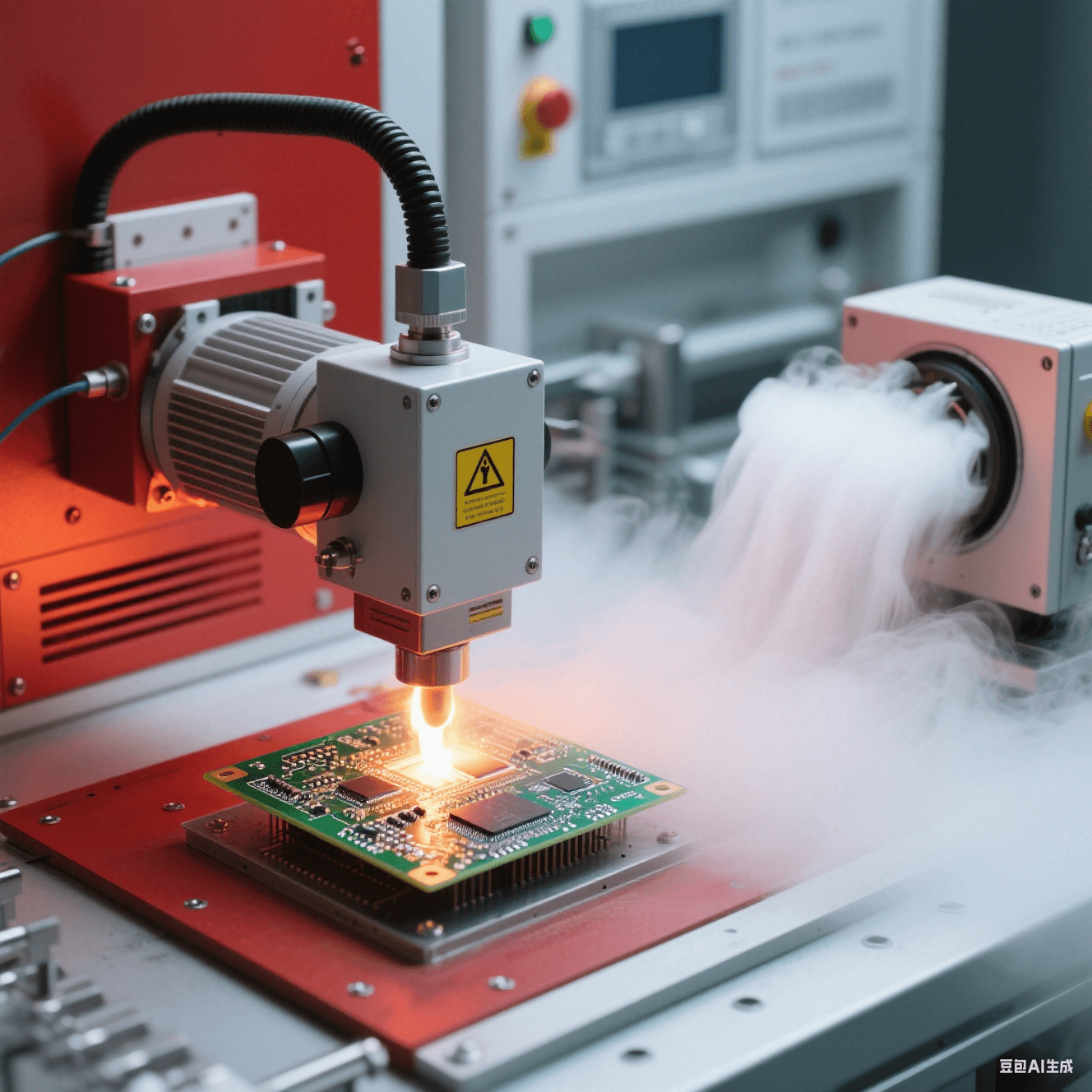 高溫測試實驗室中加熱設(shè)備對 PCB 板進(jìn)行測試，冷卻裝置散發(fā)白色霧氣