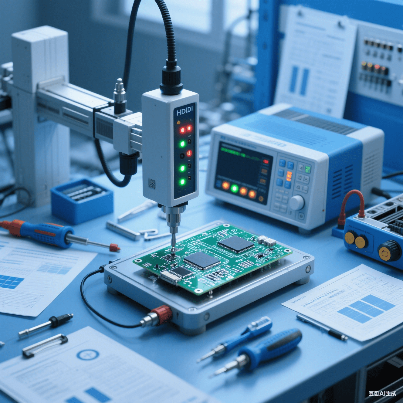 汽車電子測試車間內(nèi)測試儀器對 HDI 板進(jìn)行性能測試，儀器指示燈閃爍，周圍擺放測試工具與報告