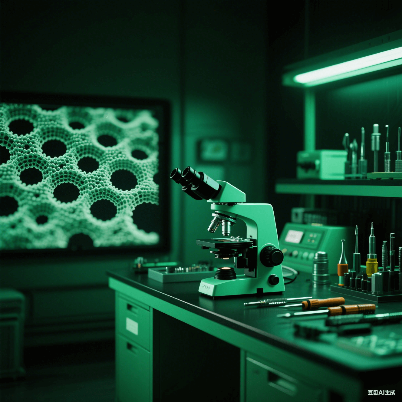 納米級(jí)加工技術(shù)實(shí)驗(yàn)室中電子顯微鏡顯示納米微孔結(jié)構(gòu)，操作臺(tái)擺放納米加工工具