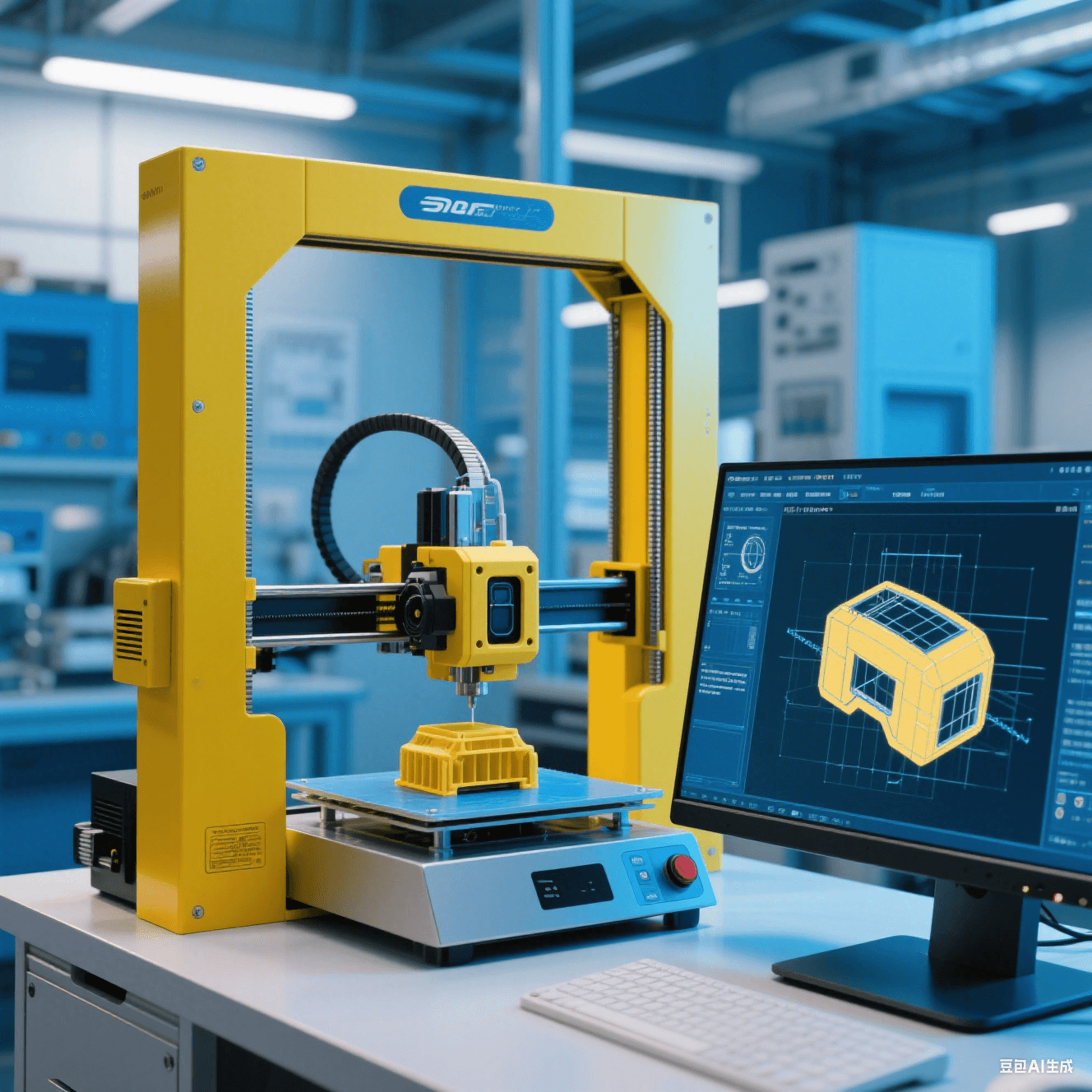 智能駕駛傳感器實(shí)驗(yàn)室中 3D 打印機(jī)打印傳感器外殼模型，電腦屏幕顯示設(shè)計(jì)圖紙