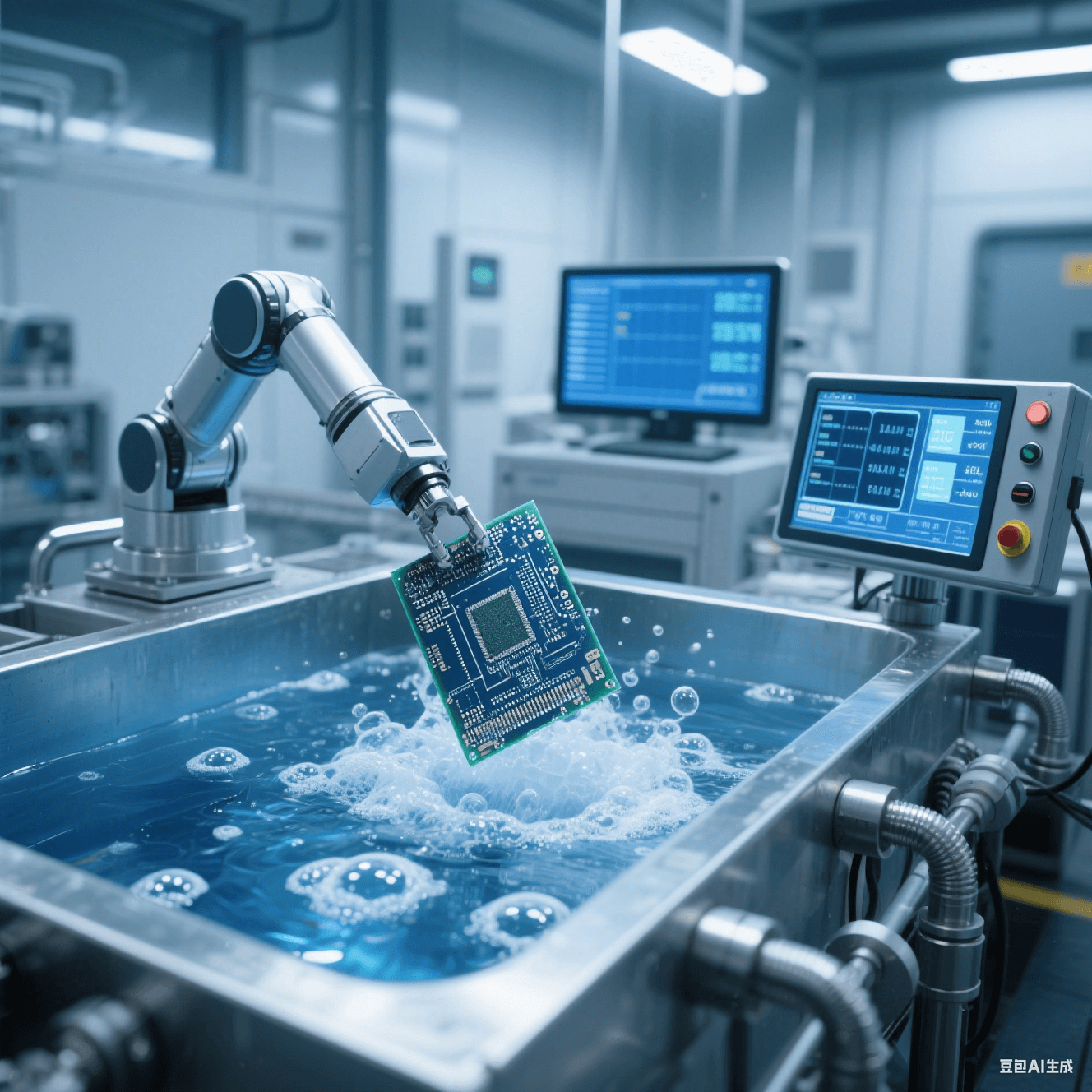 現(xiàn)代化電鍍車間中電鍍槽溶液冒泡，機(jī)械手臂將 PCB 板放入槽內(nèi)電鍍，旁側(cè)監(jiān)測儀器顯示數(shù)據(jù)