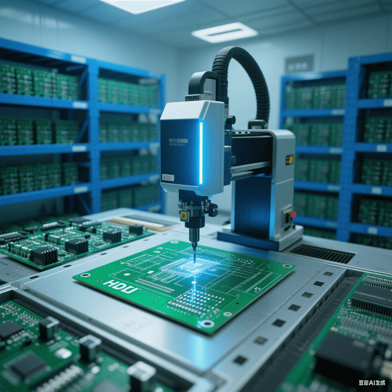 無塵車間內(nèi)先進(jìn)的激光鉆孔機(jī)正對綠色 HDI 板進(jìn)行高精度鉆孔，機(jī)器發(fā)出藍(lán)色光束，周圍是整齊的電子元件貨架
