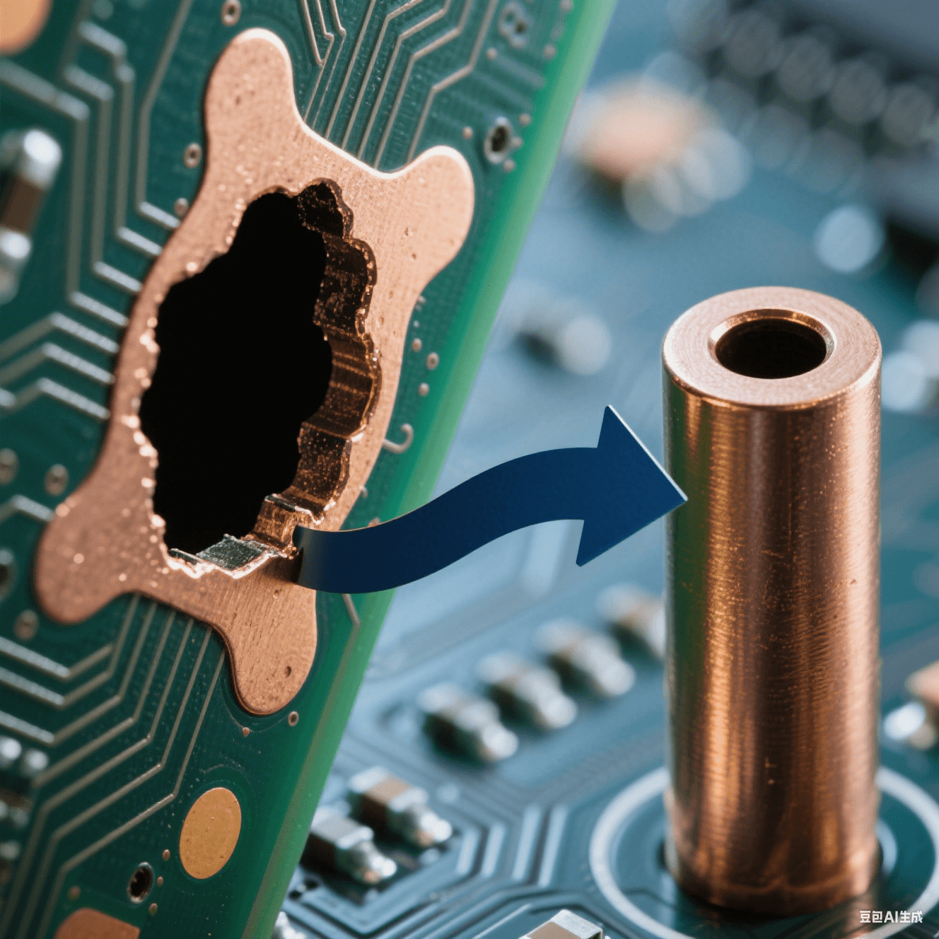 深徑比 101 的 PCB 盲孔顯微特寫，左側(cè)孔口 “狗骨” 凸起與中部空洞缺陷，右側(cè)對(duì)比均勻銅填充柱體，深藍(lán)背景中鍍液循環(huán)箭頭呈現(xiàn)孔口堵塞與孔內(nèi)暢通的動(dòng)態(tài)反差。
