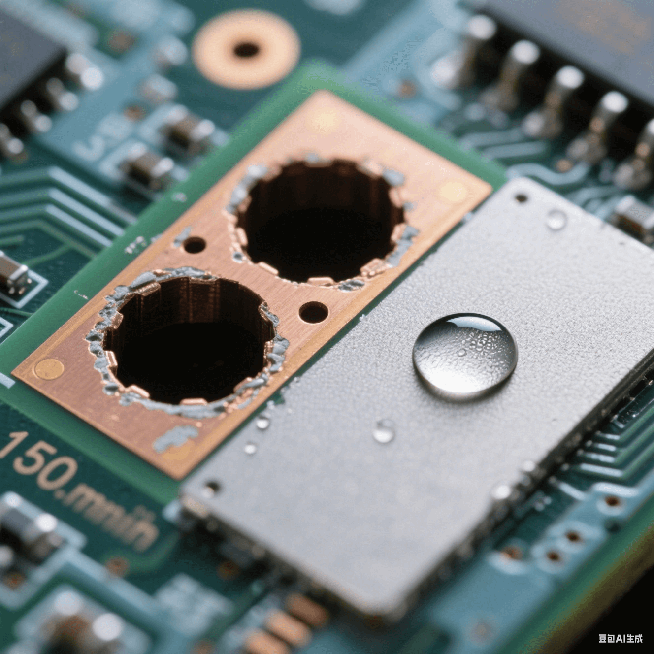 150μm 微孔橫截面顯微攝影：左側(cè)孔壁殘留環(huán)氧樹(shù)脂暗斑，右側(cè)清潔后呈現(xiàn)均勻磨砂微蝕表面，對(duì)比 85° 水滴與 30° 鋪展水膜的接觸角差異，電路板背景景深虛化