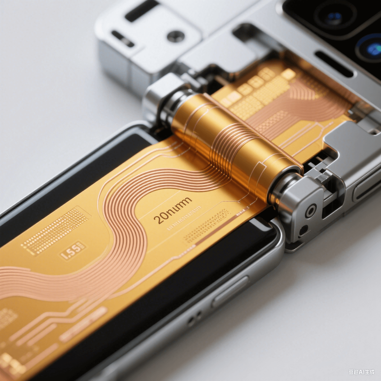 折疊屏手機(jī)鉸鏈內(nèi)部結(jié)構(gòu)特寫(xiě):25μm 聚酰亞胺柔性板實(shí)現(xiàn) 0.5mm 彎曲半徑與納米壓印應(yīng)力釋放技術(shù) 折疊屏手機(jī)鉸鏈內(nèi)部結(jié)構(gòu)特寫(xiě):25μm 聚酰亞胺柔性板實(shí)現(xiàn) 0.5mm 彎曲半徑與納米壓印應(yīng)力釋放技術(shù)