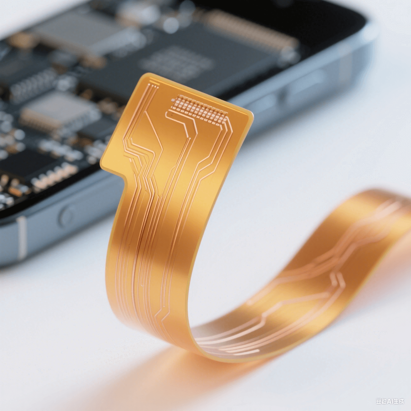 聚酰亞胺柔性板(PI FPC)特寫圖：展示輕薄彎曲形態(tài)與精細銅線路，背景暗示消費電子產(chǎn)品應(yīng)用