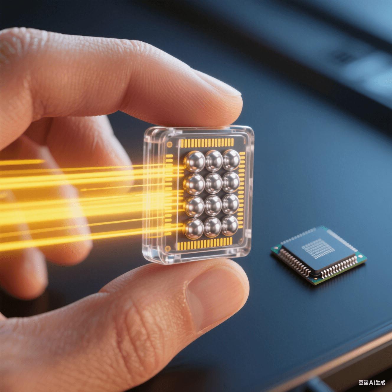 微型存儲芯片應(yīng)用：人手捏持透明封裝的BGA芯片，顯露內(nèi)部焊球陣列，黃色光束象征高速數(shù)據(jù)傳輸，與傳統(tǒng)芯片尺寸對比