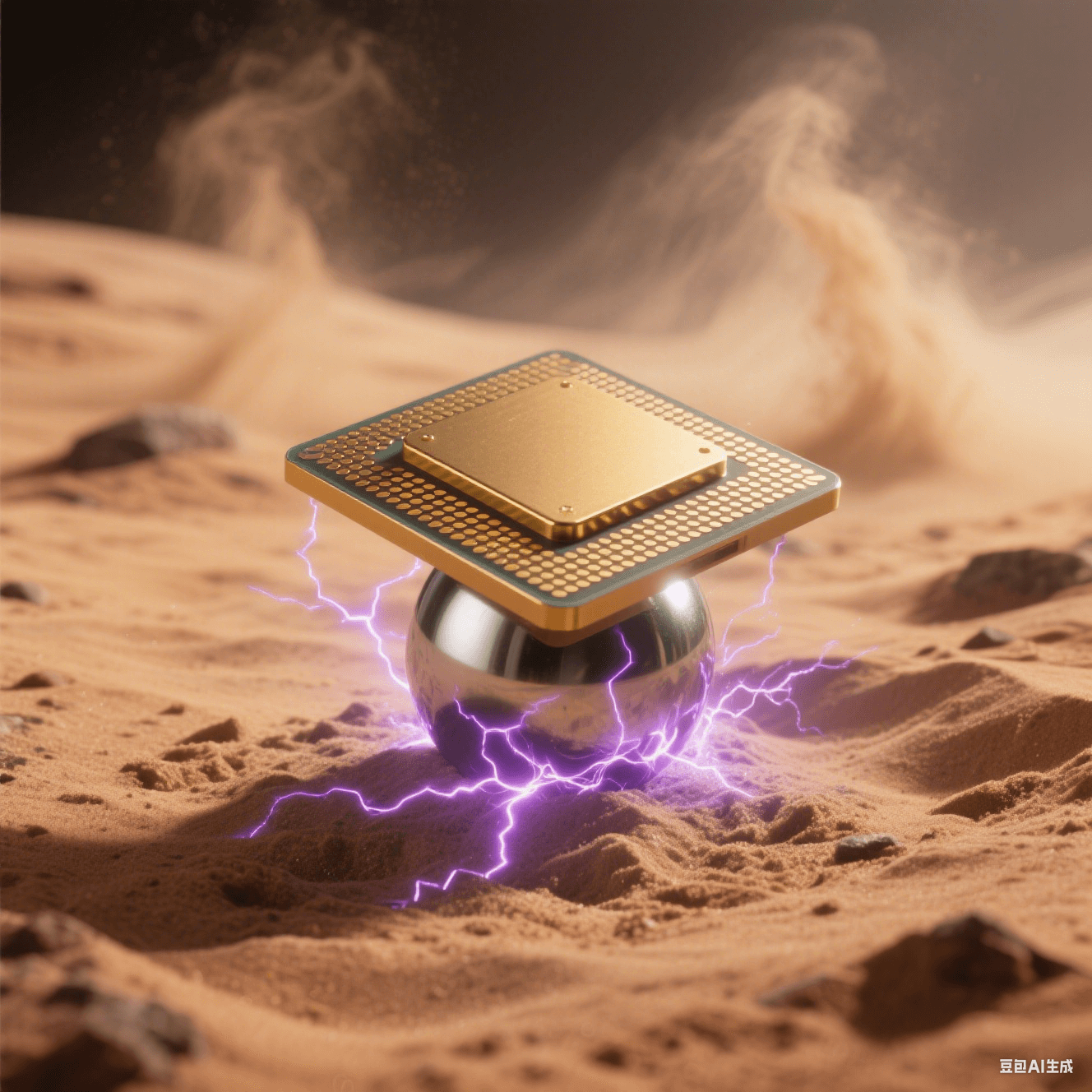 極端環(huán)境應(yīng)用：金色陶瓷封裝芯片置于火星沙地，底部焊球外露，紫色電弧模擬抗輻射性能，沙塵暴背景凸顯可靠性