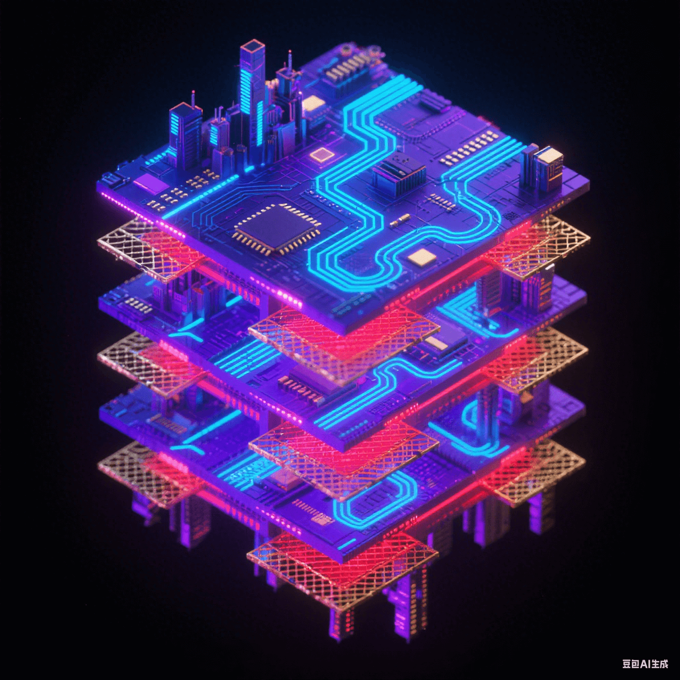 霓虹藍紫光效的8層電路板爆炸視圖：信號層蛇形走線發(fā)藍光，電源層泛紅光，接地層呈金網(wǎng)，各層懸浮排列如未來城市
