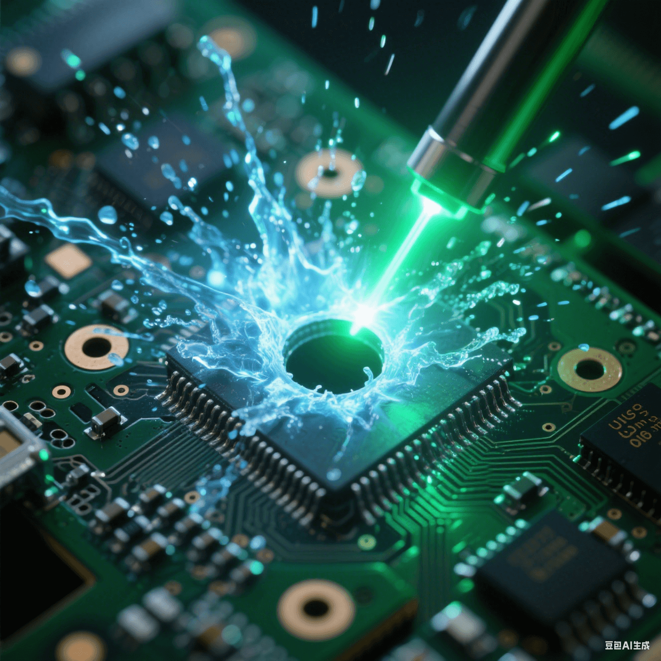 532nm綠激光脈沖穿透電路板瞬間，等離子體藍光從0.1mm孔內(nèi)爆發(fā)，熱影響區(qū)控制在3μm內(nèi)的冰凍特效