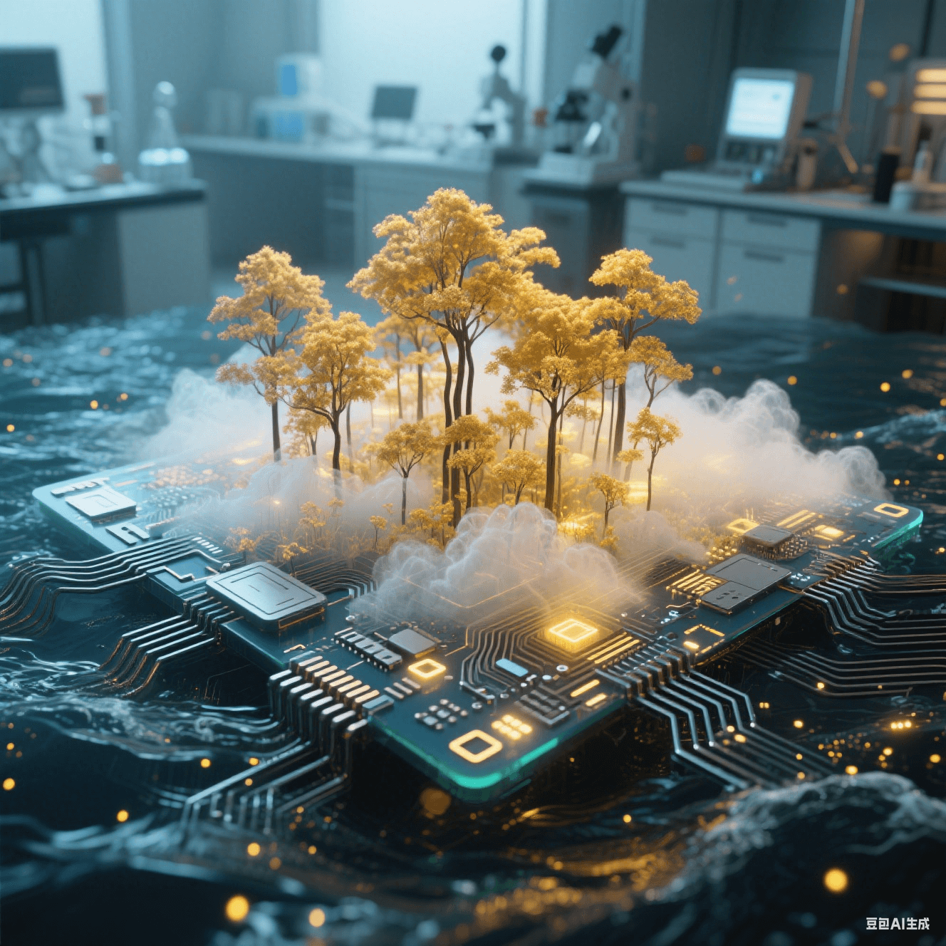 碳納米管在電路表面生長成金色森林，氣凝膠絕緣層如透明云霧籠罩，降解基板在海水中化為發(fā)光粒子