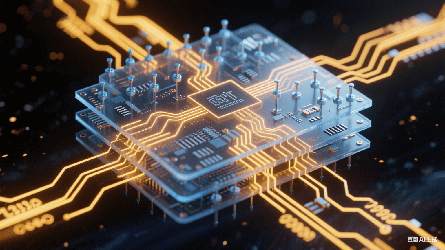 多層電路板信號傳輸系統(tǒng)：0.05mm線寬金色電路通道中脈沖電流流動，冰藍(lán)色探針陣列精準(zhǔn)接觸納米焊盤，-40℃至125℃溫標(biāo)環(huán)包裹的極端環(huán)境測試場景