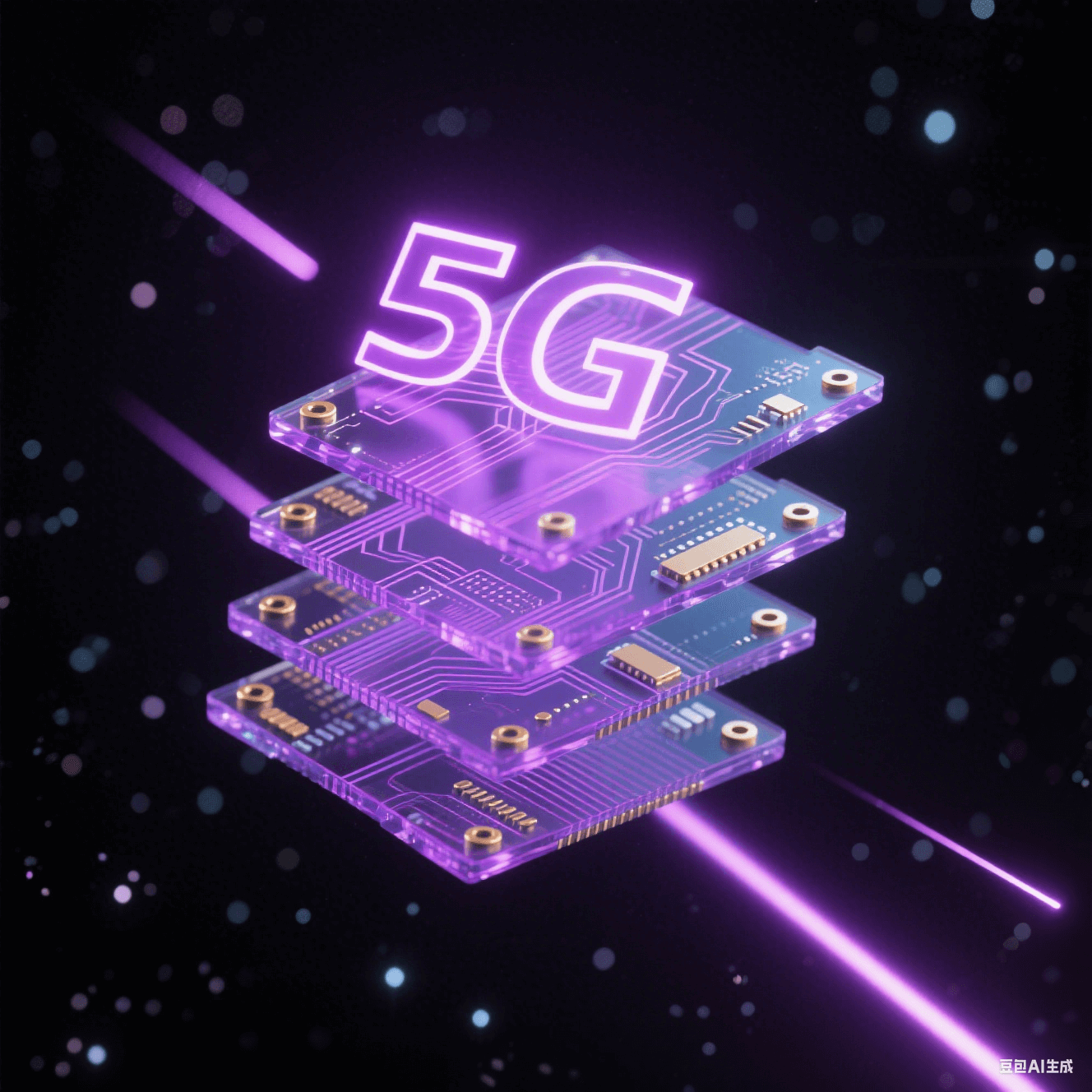 抽象多層電路板懸浮于深空背景，紫色發(fā)光線路與金色過孔構(gòu)成脈沖光網(wǎng)，水晶質(zhì)感介電材料呈現(xiàn)5G信號傳輸概念