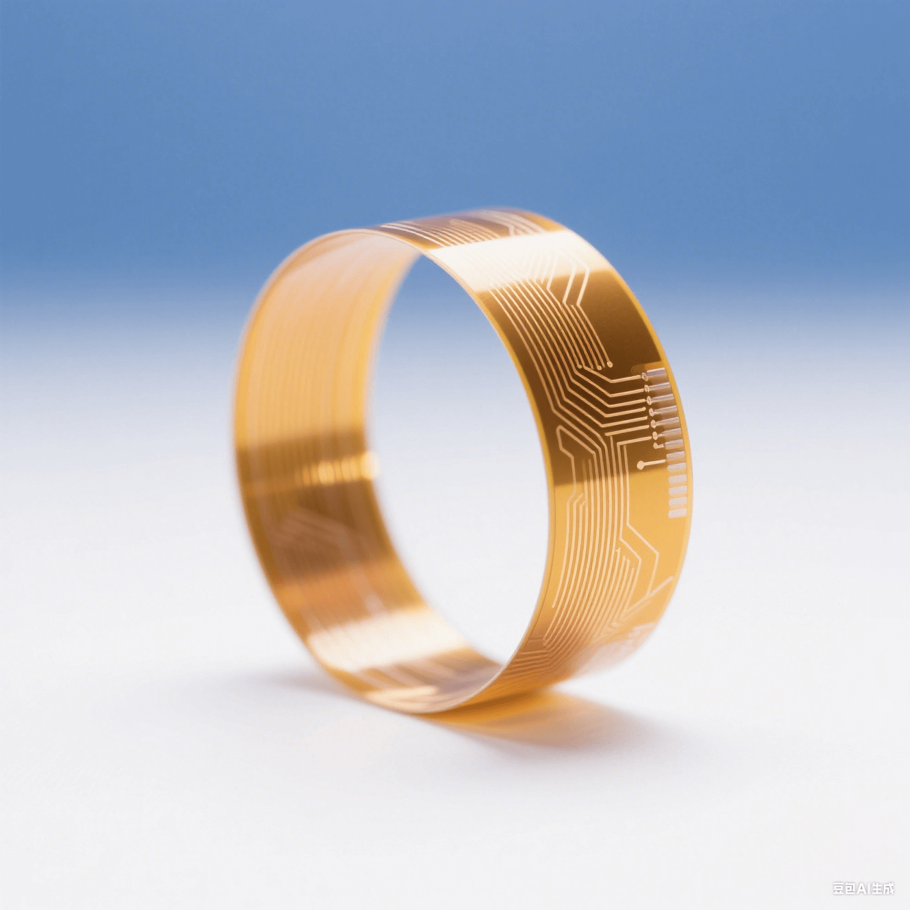 聚酰亞胺柔性電路板在白色背景中以5mm半徑彎曲，金色銅箔線路折射暖光，冷調(diào)環(huán)境光突顯材料柔韌性與科技感