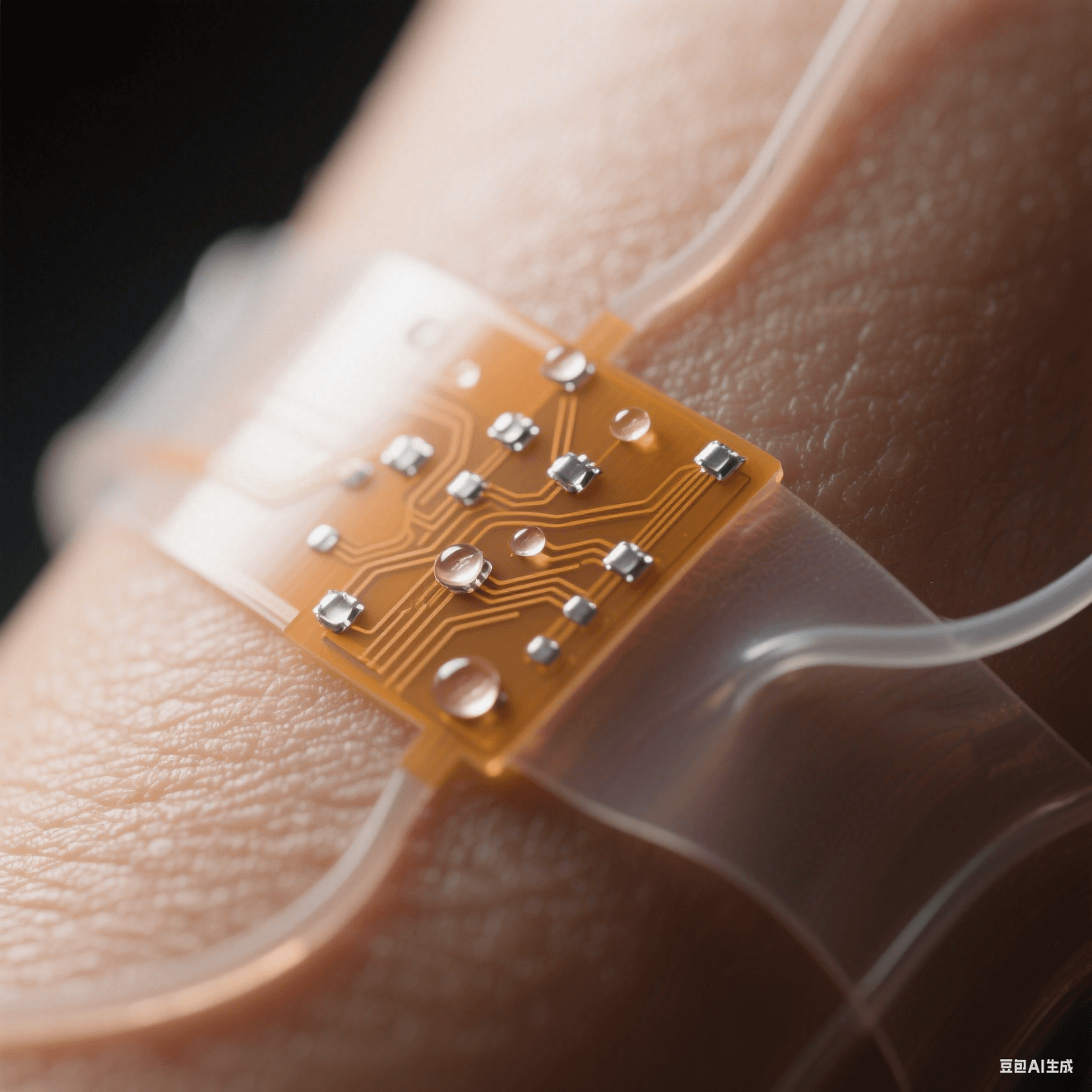 半透明琥珀色柔性電路板微距貼合人類皮膚，銀色焊點如露珠嵌于生物相容涂層表面，邊緣自然卷曲呈現(xiàn)醫(yī)療電子融合