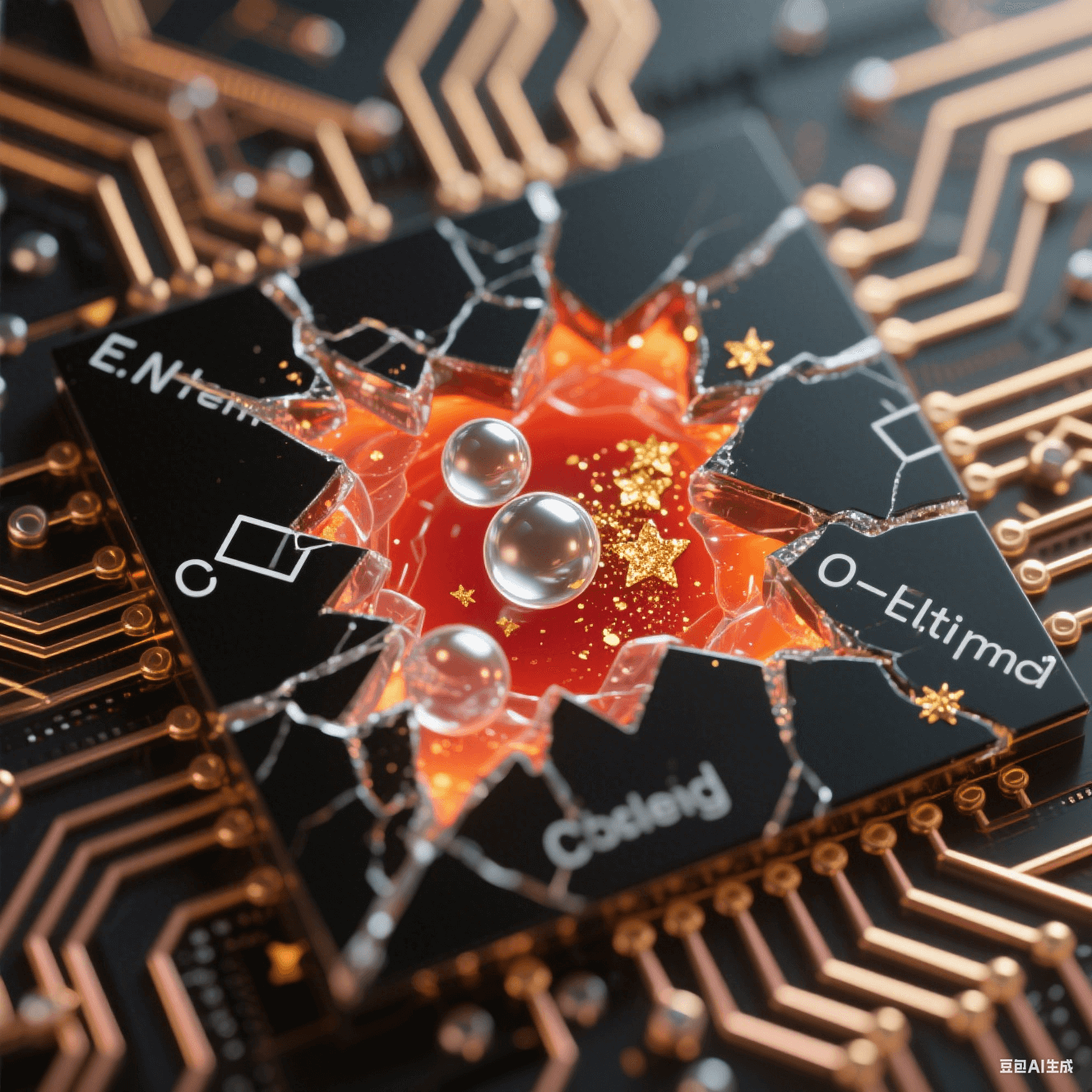 黑色電路裂紋中透明微膠囊破裂釋放液態(tài)銀球與金粉，橙紅聚合光暈沿銅網(wǎng)格擴散