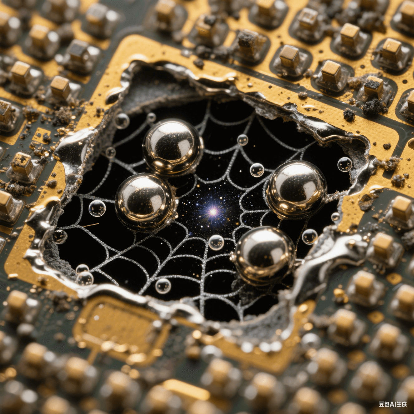 球柵陣列焊點(diǎn)剖開顯露黑色蛛網(wǎng)空洞，錫球內(nèi)氣泡星云狀分布，鍍金焊盤殘留污染物，熔融焊錫鏡面反光深焦透視