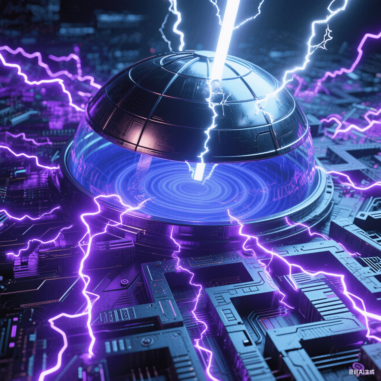 密集紫色電弧在電路間跳躍，金屬穹頂籠罩后衰減為藍(lán)色漣漪，穹頂裂縫輻射熾白光束，熔融金屬與冷電路背景碰撞