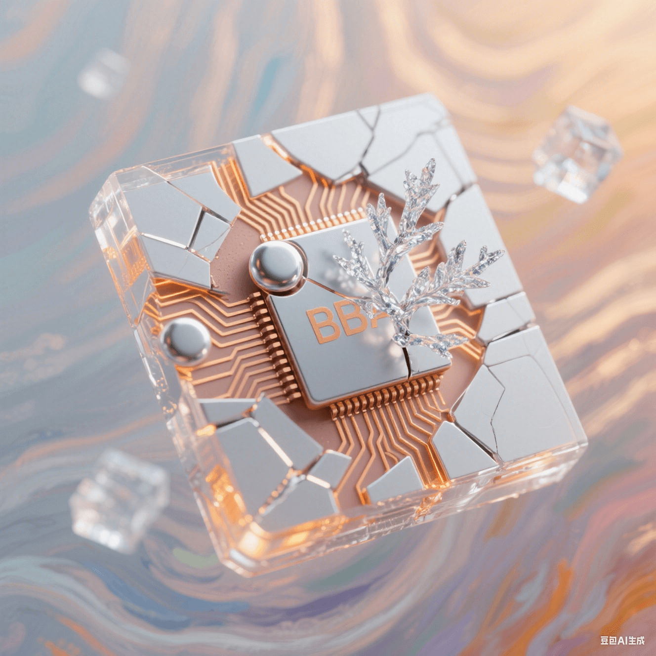 銀白色 BGA 焊球裂痕內(nèi)生長冰晶錫枝，暖橙光霧暈染邊緣，漸變背景呈莫奈風(fēng)格，半透明幾何體與光絲矩陣構(gòu)成的幾何解構(gòu)畫面