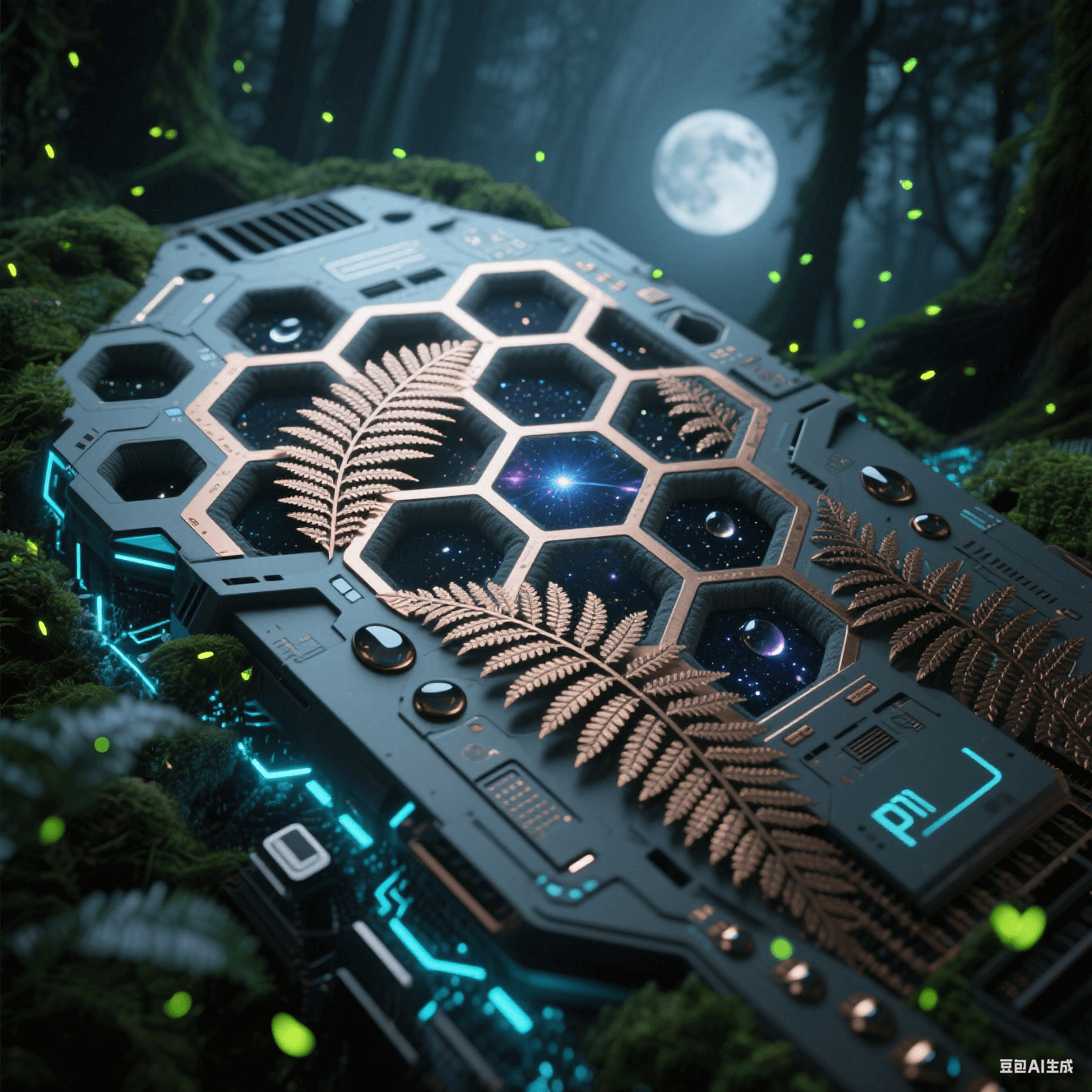 蜂巢結(jié)構(gòu) PTFE 核心流淌銀河光脈，銅箔生長蕨葉狀散熱紋，液態(tài)金屬焊盤與全息粒子嵌入碳灰緩沖層，月光森林氛圍中飄著螢火蟲光點(diǎn)的未來生態(tài)畫面