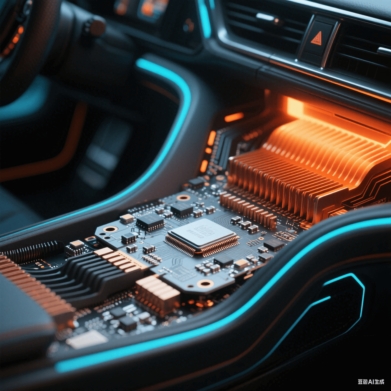 汽車中控臺域控制器內(nèi)部 - 銀灰色基板密集元件 - 銅橙色散熱鰭片 - 熱過孔陣列紅外熱力圖 - 剛?cè)峤Y(jié)合板啞光黑 FPC 彎曲結(jié)構(gòu) - 冷藍電路光效與暖橙散熱光對比
