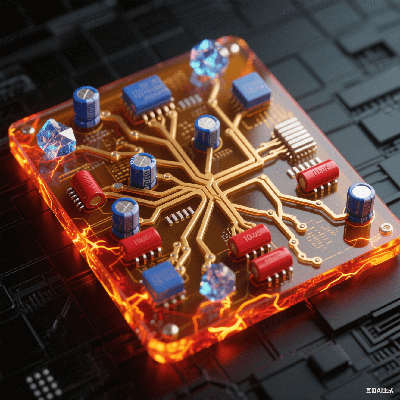琥珀色透明基板上錯綜電源樹突網(wǎng)絡(luò)，厚鍍金主干道泛熔融橙紅光，鈷藍陶瓷電容群跳電弧光，猩紅電解電容蕩漾熱能波紋，磨砂黑底板浮現(xiàn)金網(wǎng)格