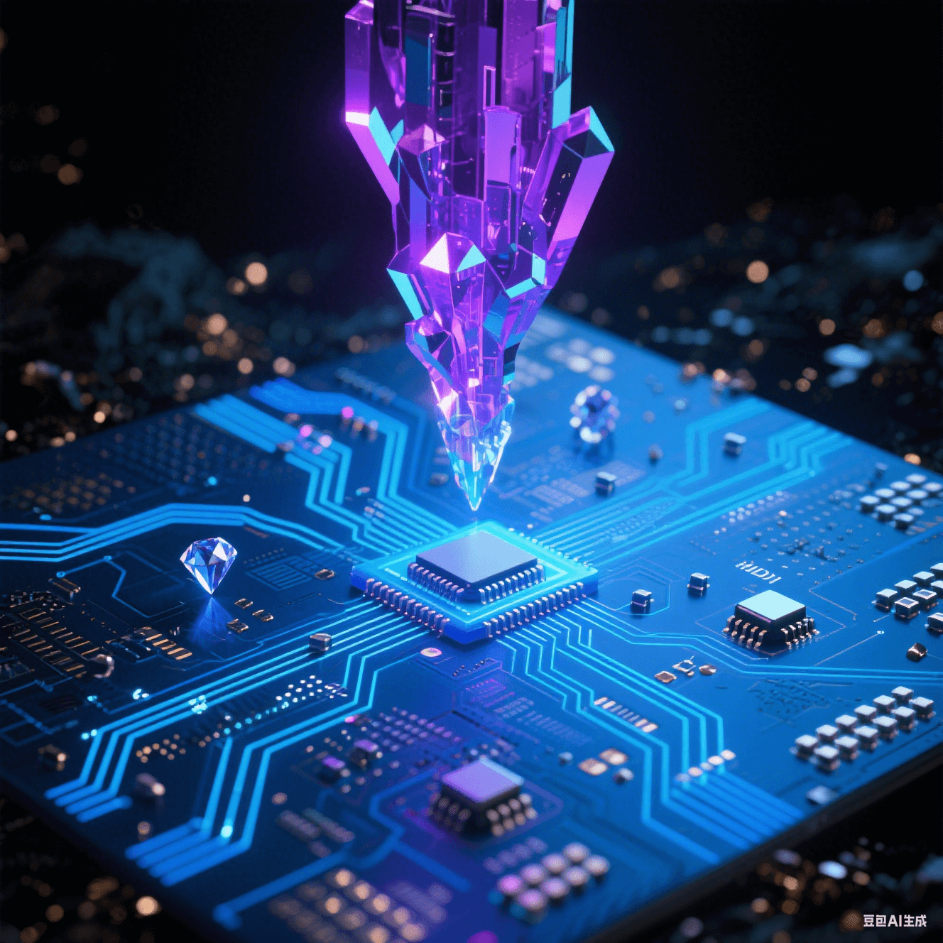 幽藍HDI基板中百萬微孔構(gòu)成三維神經(jīng)網(wǎng)，虹彩偏光細線交織，懸浮鉆石微粒電容脈沖藍光，分形紫晶毫米波導(dǎo)結(jié)構(gòu)矗立于金屬粉塵暗背景
