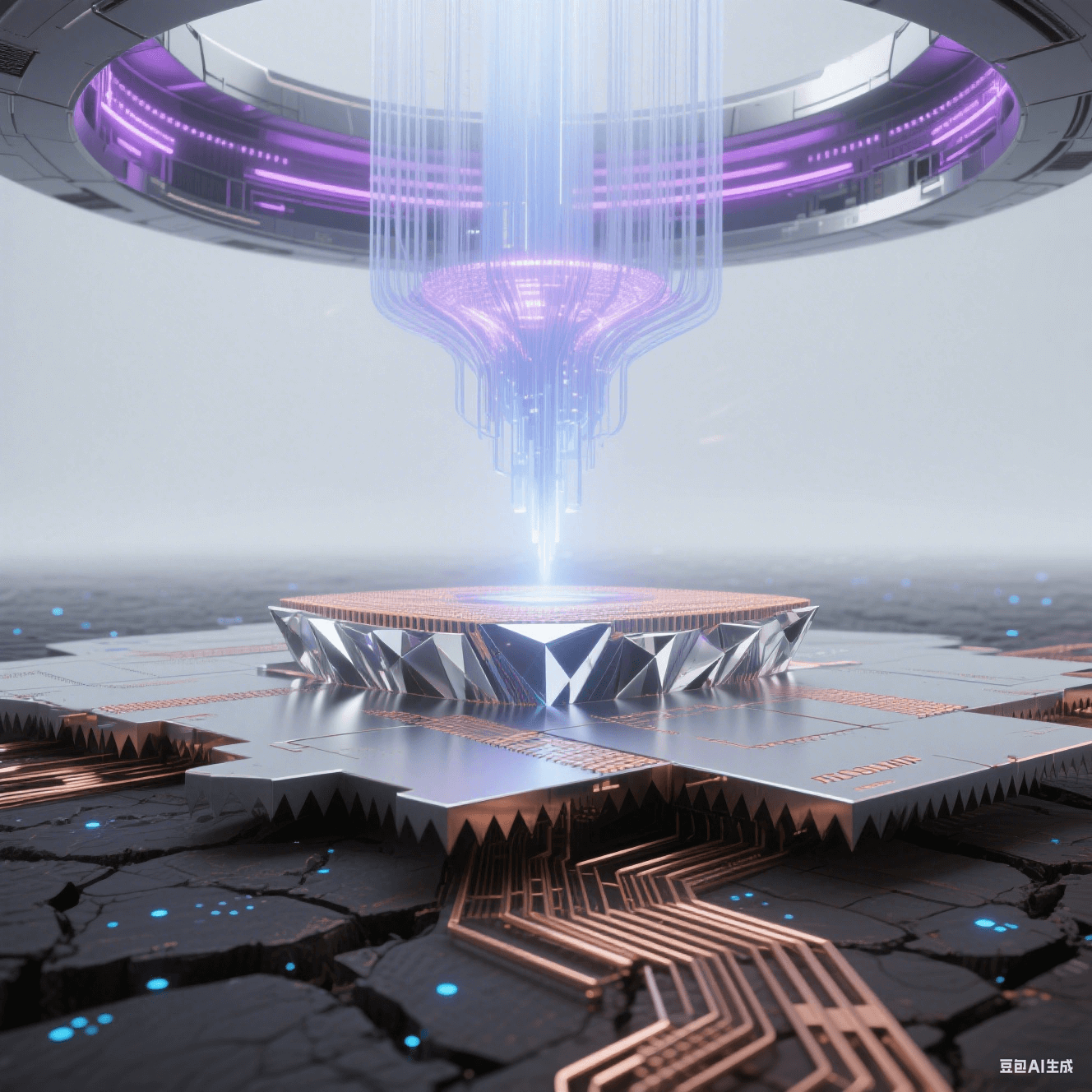 抽象科技穹頂下的技術(shù)演進(jìn)，底部傳統(tǒng)蝕刻銅線如干裂大地，中部 mSAP 銅線如精密切割水晶，頂部 EUV 光刻 3μm 銅線如懸浮納米絲，極紫外激光激發(fā)紫色等離子輝光