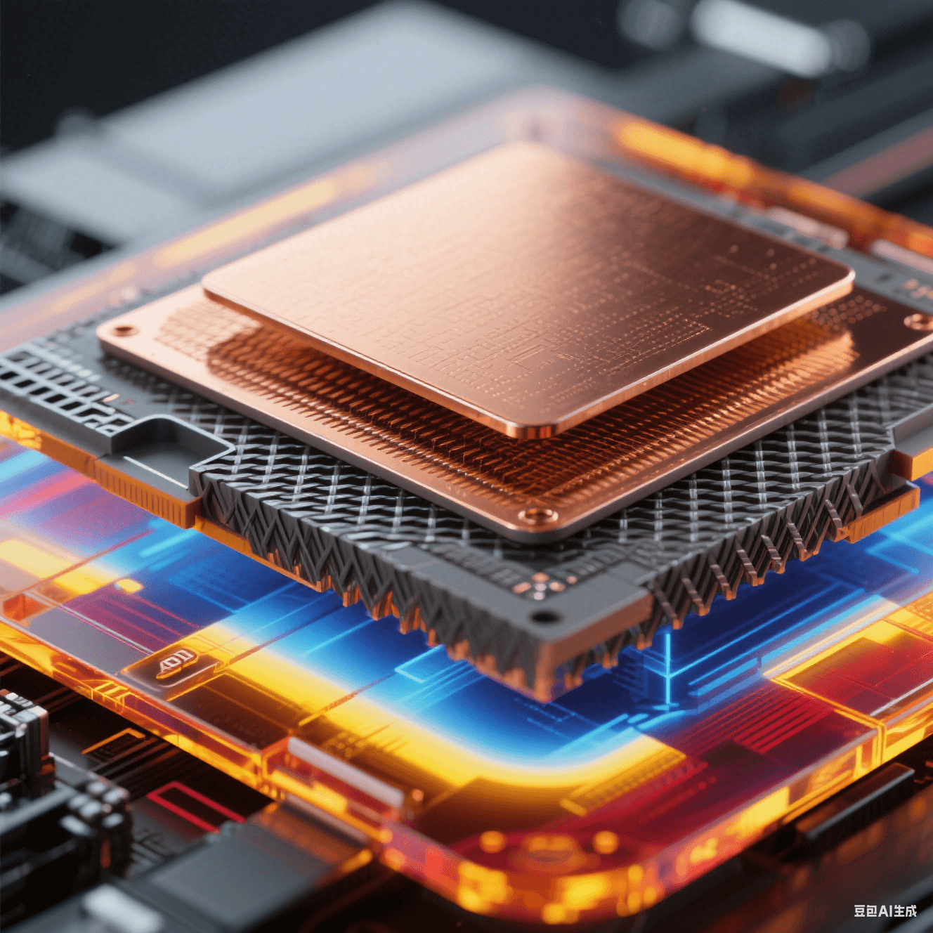 爆炸式解構(gòu)視圖展示材料創(chuàng)新，中心 ALD 超薄銅膜（<50nm）呈分子級紋理，中層 BT 樹脂顯玻璃纖維結(jié)構(gòu)，外層 LCP 材料帶透明琥珀光澤，邊緣有藍(lán)紅黃紅外熱成像色斑