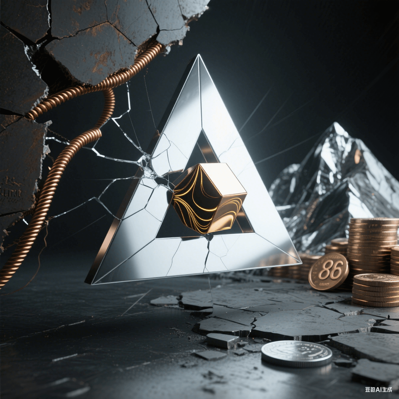 暗調(diào)背景下，破碎的銀色金屬三角內(nèi)嵌金色紋理立方體，銅色螺旋線與刻‘86’的硬幣環(huán)繞，呈現(xiàn)工業(yè)破碎與奢華的沖突感