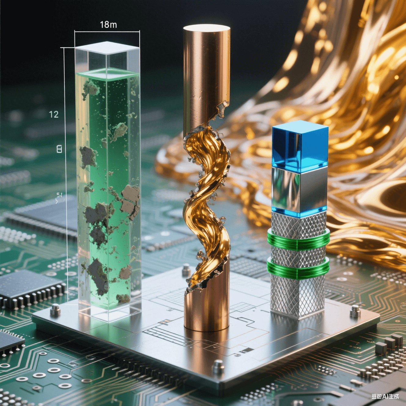 科技實(shí)驗(yàn)場景：電路板上三柱對比——左柱封存綠液殘?jiān)兄~體斷裂迸發(fā)金色流體，右柱藍(lán)光-銀網(wǎng)-綠環(huán)有序堆疊，背景熔金象征突破