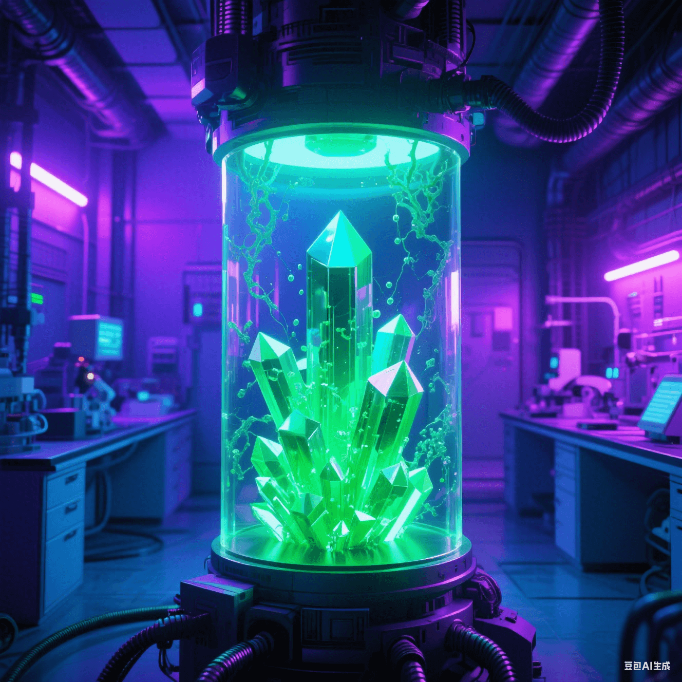 無鹵阻燃實驗室：磷氮化合物晶體（熒光綠棱柱）在透明樹脂內(nèi)生長蔓延