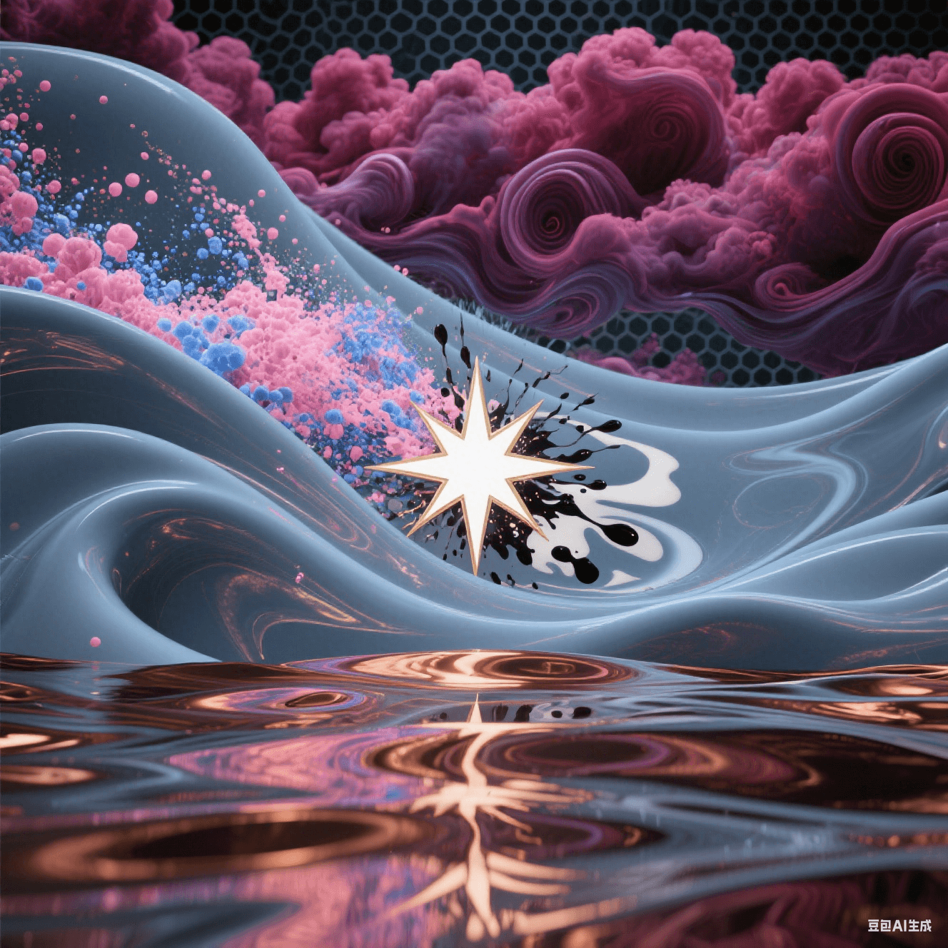 多層青灰介質(zhì)邊界涌出紫紅渦旋云，櫻色與鈷藍(lán)粒子流碰撞炸裂白金星芒，干擾波紋如墨染牛奶，底部銅箔倒影扭曲變形