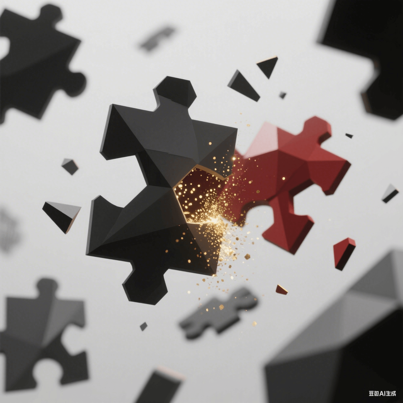 拼圖碎片懸浮空中，日系灰黑拼塊與中式朱紅拼塊碰撞，迸發(fā)金色粒子