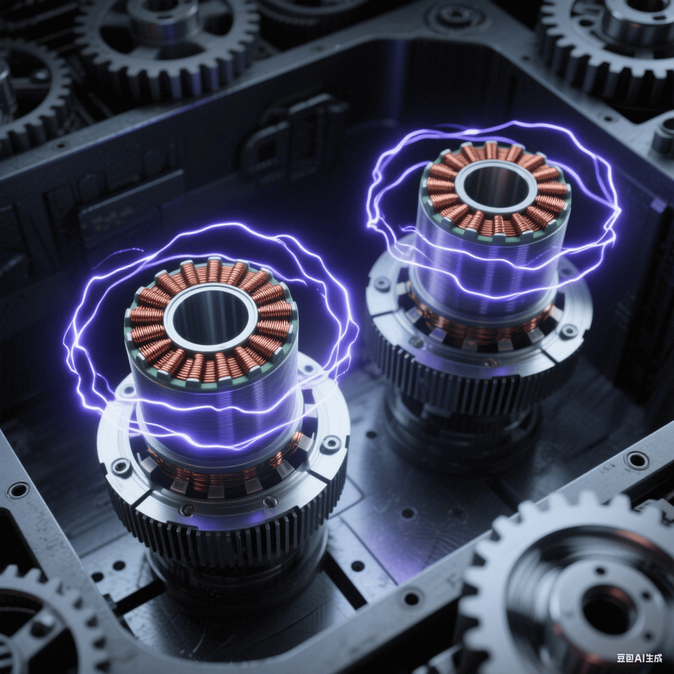 深灰機床腔體內(nèi)的PCB 線圈板諧振供電系統(tǒng)，兩枚同心銅線圈懸浮，初級線圈帶散熱鰭片，次級線圈旋轉(zhuǎn)形成殘影光環(huán)，間隙躍動藍紫電弧，電磁場呈靛藍漩渦狀包裹設(shè)備。