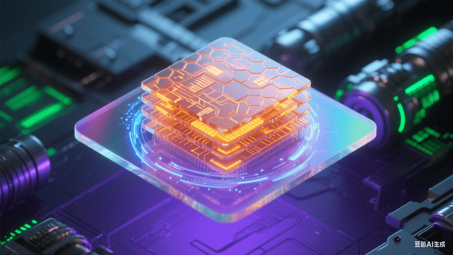 懸浮于紫色電磁場的半透明虹彩電路基板，琥珀態(tài)陶瓷膠包裹發(fā)橙光線路，蜂窩狀屏蔽腔外環(huán)繞藍(lán)白粒子漩渦，虛化CT金屬部件與熒光綠數(shù)據(jù)流交織