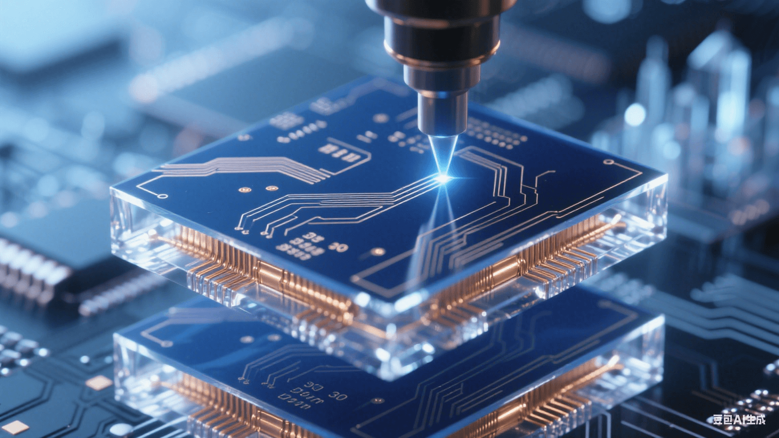 紫外激光束在深藍感光層繪制30μm線寬精密電路，鎏金銅線側(cè)壁呈85°陡直切面，邊緣反射冷白光，背景中多層電路板如水晶城懸浮