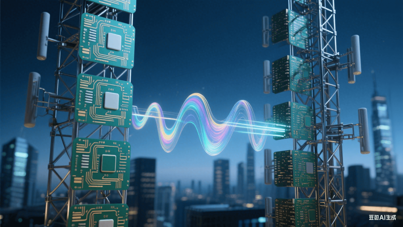 未來主義蜂窩基站，深藍(lán)暮光中金屬網(wǎng)格結(jié)構(gòu)散發(fā)冷光，多層電路板含翡翠綠與鎏金走線，半透明高頻材質(zhì)折射虹彩，電磁波脈沖懸浮，搭配光纖質(zhì)感與陶瓷基板紋理，背景為虛化城市輪廓