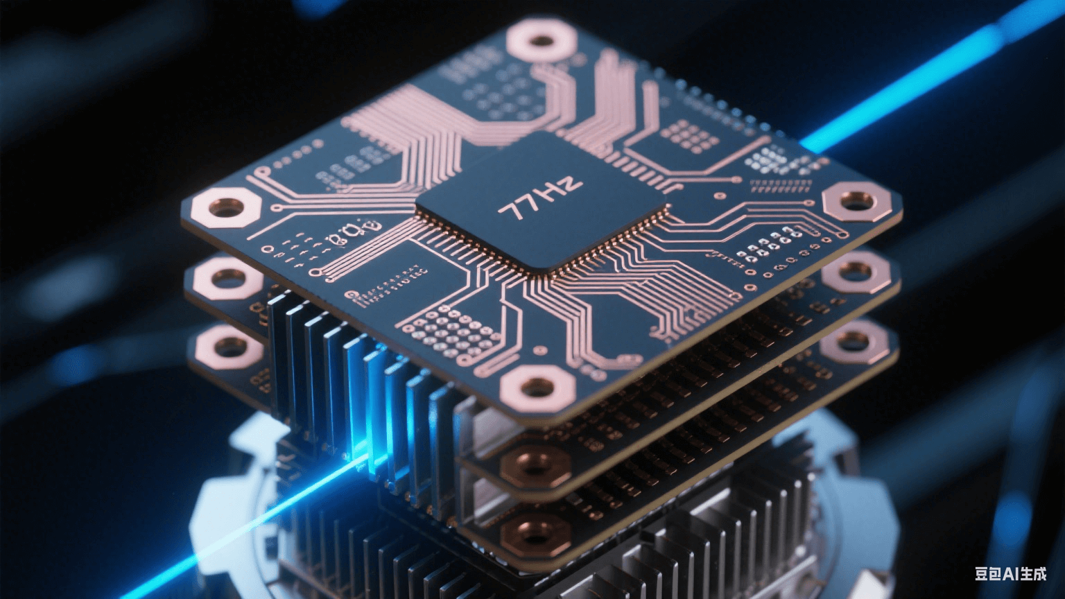 汽車毫米波雷達(dá)核心剖面特寫，77GHz高頻電路板立體分層如晶簇，玫瑰金色銅箔嵌入墨玉色基材，幽藍(lán)激光束動態(tài)顯示信號路徑，散熱鰭片泛冷銀光澤，背景為深空黑與量子藍(lán)漸變，過孔呈蜂巢狀幾何結(jié)構(gòu)