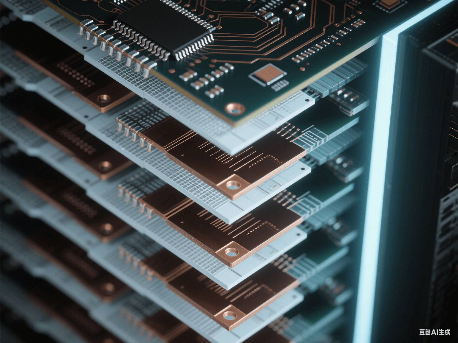工業(yè)控制設備多層 PCB 垂直截面，8 層深淺交替結構，帶傾斜金屬化通孔，冷光下顯工業(yè)科技氛圍